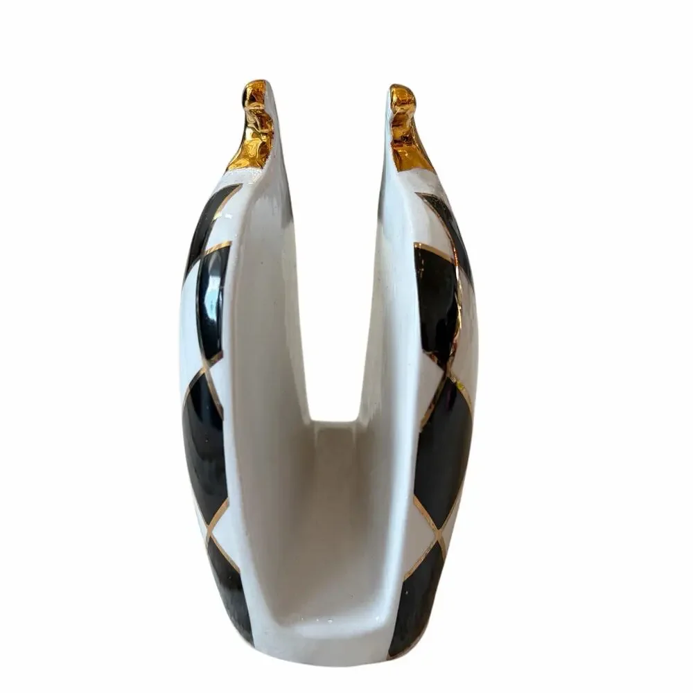 Black & White Harlequin Check Pumpkin Napkin Holder 6in Ceramic Halloween NEW